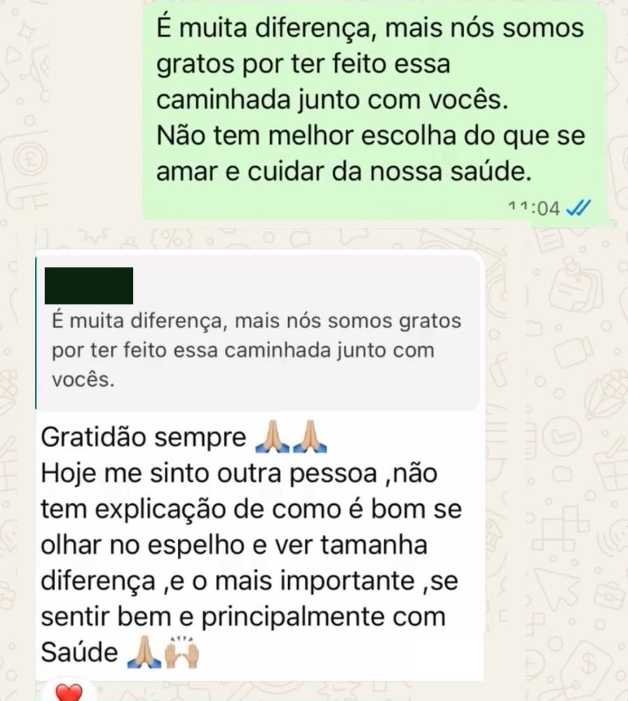 Captura de tela de uma conversa de WhatsApp em que uma paciente agradece à equipe. O nome foi coberto.
